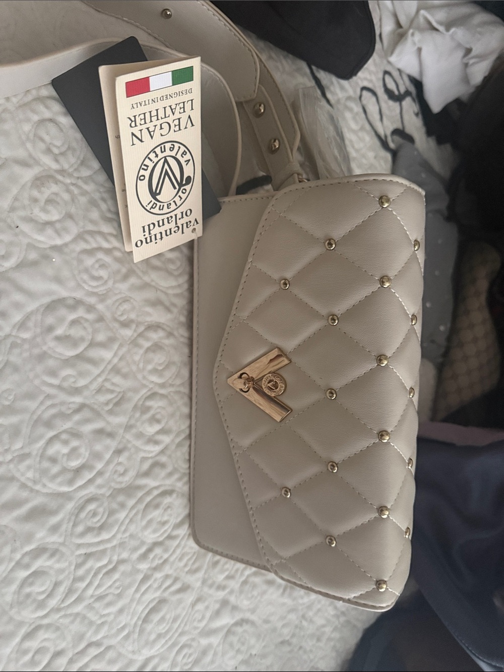 Valentino Beige Quilted Crossbody with Gold Studs